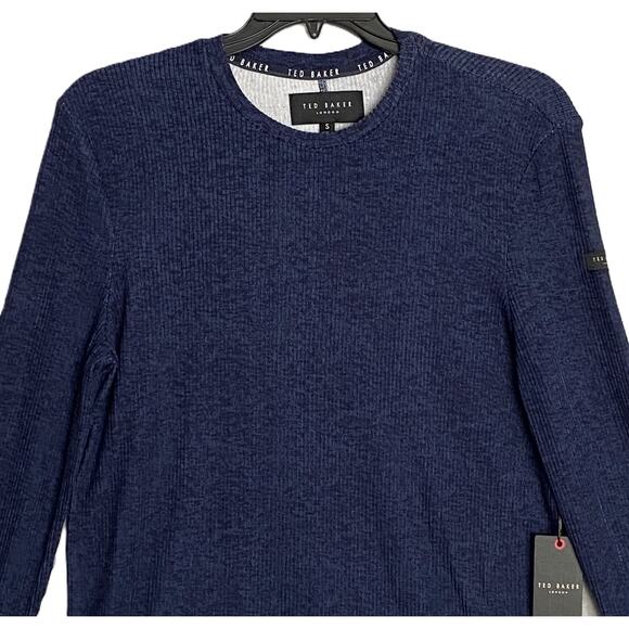 Ted Baker London T-Shirt Men's Small Ribbed Crew Neck Long Slv Navy Heather NEW - Picture 3 of 11